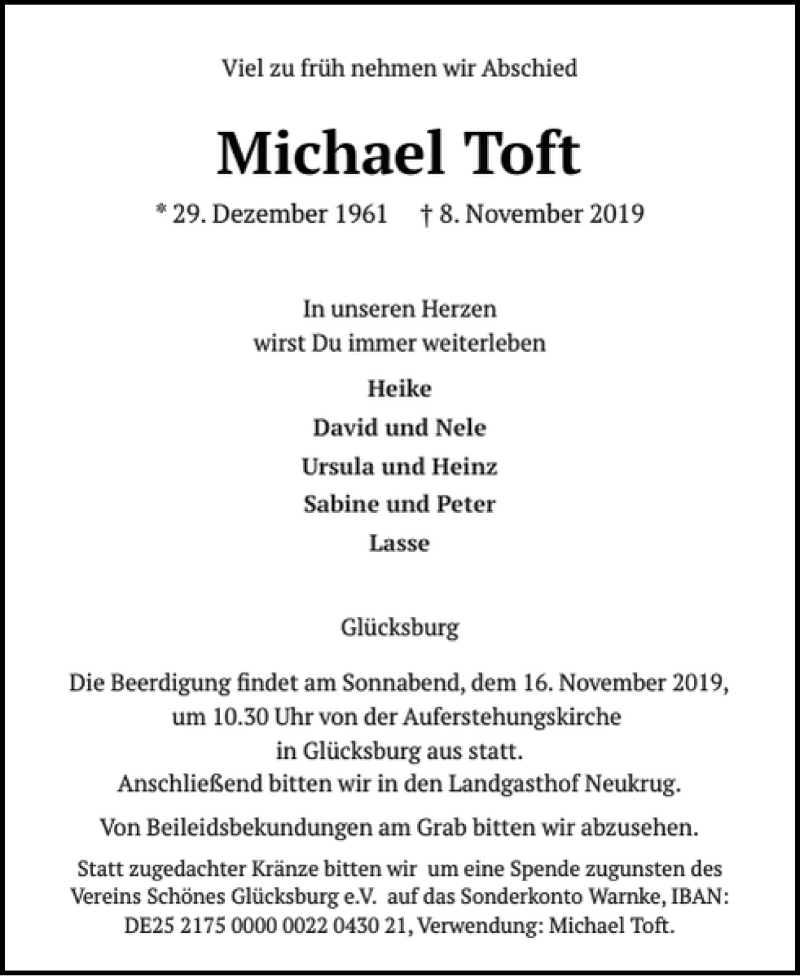  Traueranzeige für Michael Toft vom 11.11.2019 aus Flensburger Tageblatt