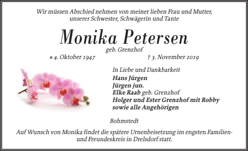  Traueranzeige für Monika Petersen vom 05.11.2019 aus Husumer Nachrichten