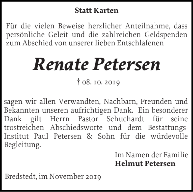 Traueranzeige für Renate Petersen vom 16.11.2019 aus Husumer Nachrichten
