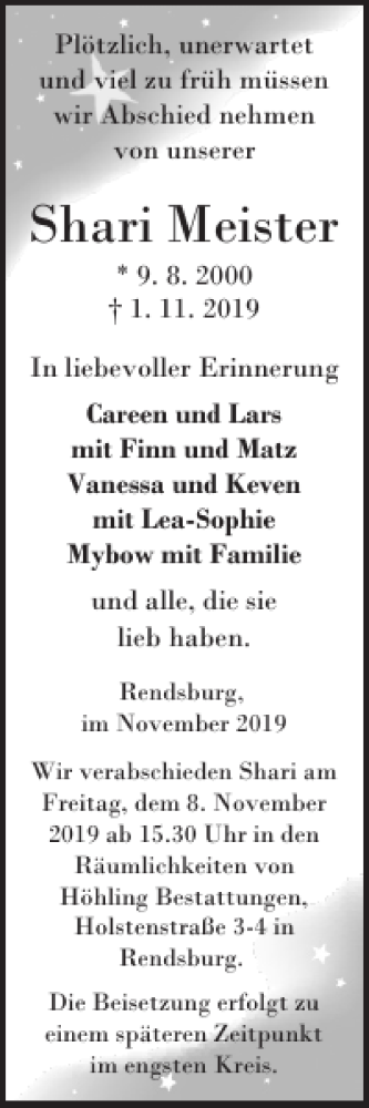  Traueranzeige für Shari Meister vom 06.11.2019 aus Landeszeitung