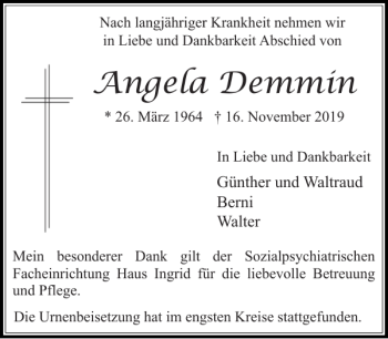 Traueranzeige von Angela Demmin von Stormarner Tageblatt