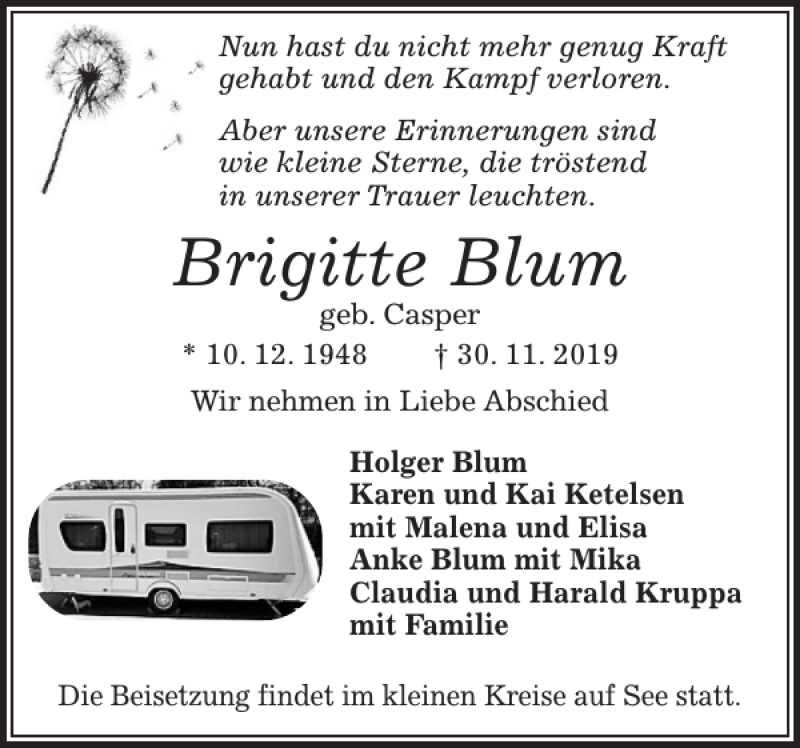  Traueranzeige für Brigitte Blum vom 07.12.2019 aus Flensburger Tageblatt