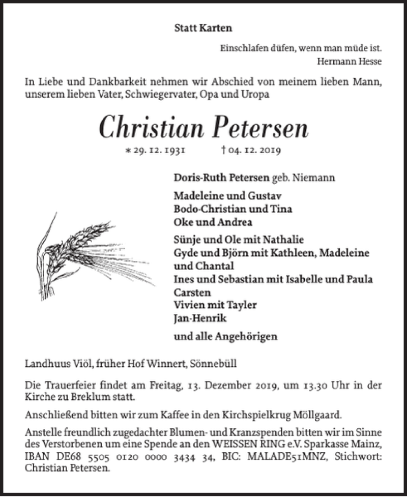  Traueranzeige für Christian Petersen vom 11.12.2019 aus Flensburger Tageblatt
