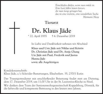 Traueranzeige von Dr. Klaus Jäde von Ostholsteiner Anzeiger