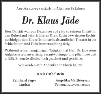 Traueranzeige von Dr. Klaus Jäde von Ostholsteiner Anzeiger