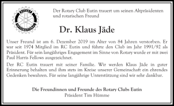 Traueranzeige von Dr. Klaus Jäde von Ostholsteiner Anzeiger