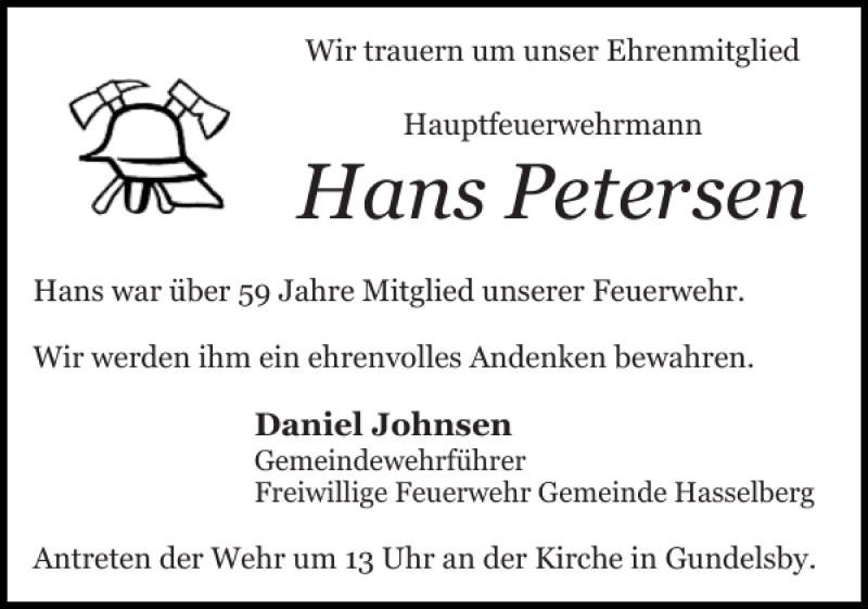  Traueranzeige für Hans Petersen vom 11.12.2019 aus Schlei-Bote
