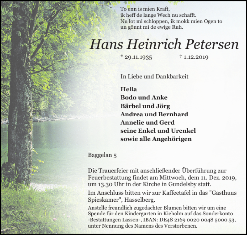  Traueranzeige für Hans Heinrich Petersen vom 05.12.2019 aus Schlei-Bote