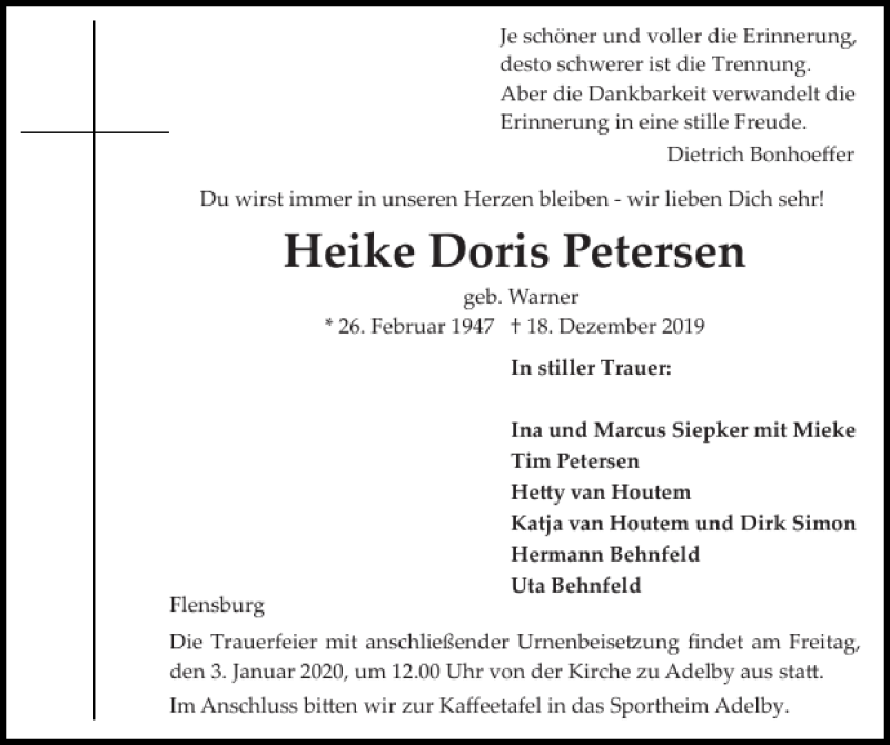  Traueranzeige für Heike Doris Petersen vom 21.12.2019 aus Flensburger Tageblatt