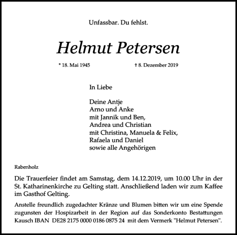  Traueranzeige für Helmut Petersen vom 11.12.2019 aus Flensburger Tageblatt