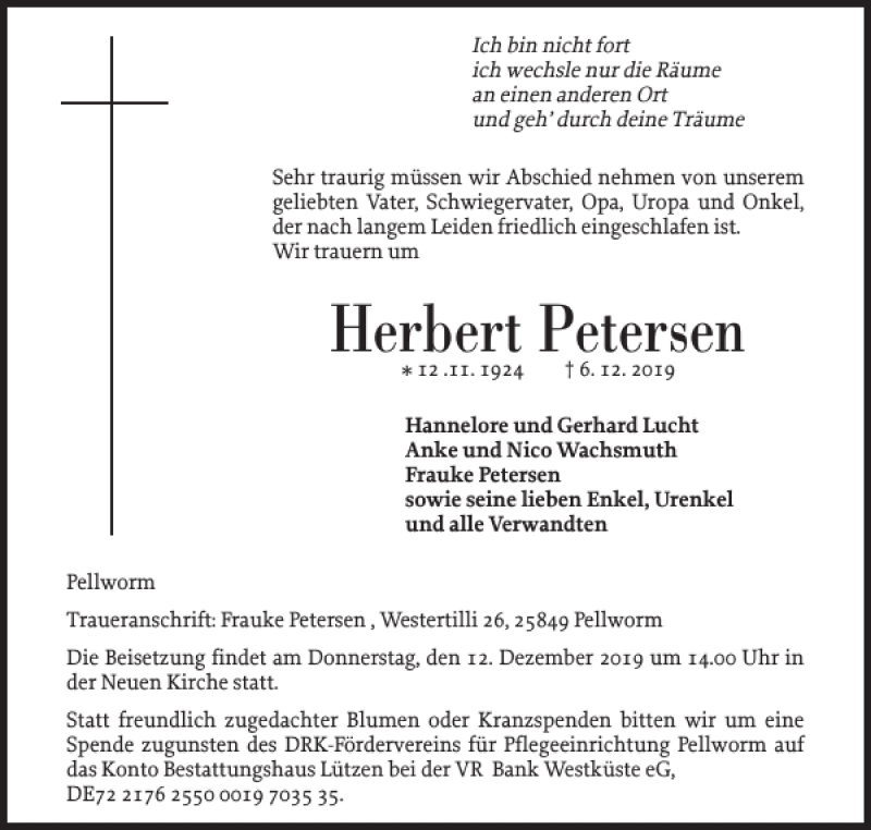  Traueranzeige für Herbert Petersen vom 10.12.2019 aus Husumer Nachrichten