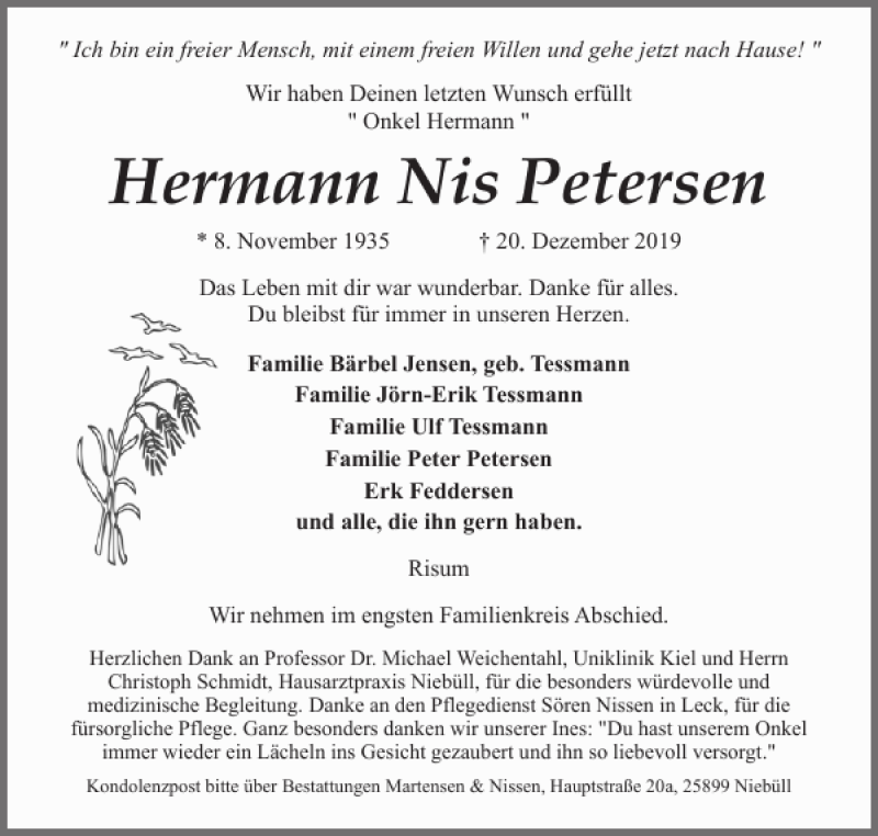  Traueranzeige für Hermann Nis Petersen vom 27.12.2019 aus Husumer Nachrichten