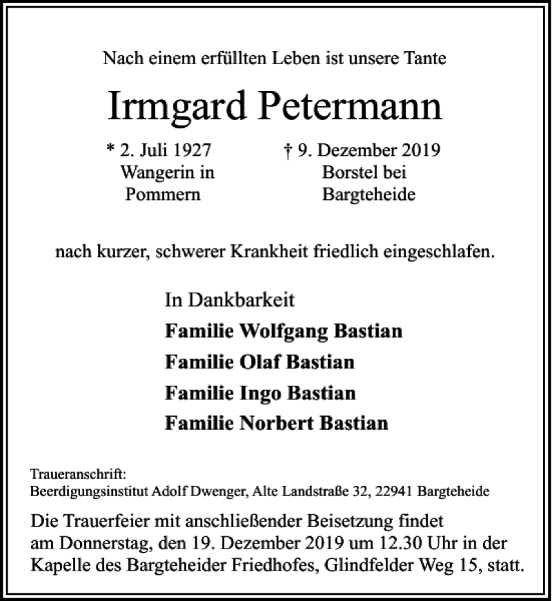  Traueranzeige für Irmgard Petermann vom 14.12.2019 aus Stormarner Tageblatt