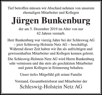 Traueranzeige von Jürgen Bunkenburg von Landeszeitung