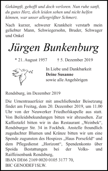 Traueranzeige von Jürgen Bunkenburg von Landeszeitung