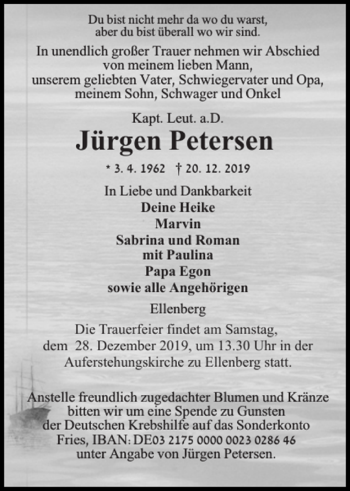  Traueranzeige für Jürgen Petersen vom 23.12.2019 aus Flensburger Tageblatt