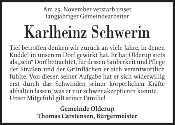Traueranzeige von Karlheinz Schwerin von Husumer Nachrichten