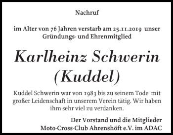 Traueranzeige von Karlheinz Schwerin Kuddel von Husumer Nachrichten