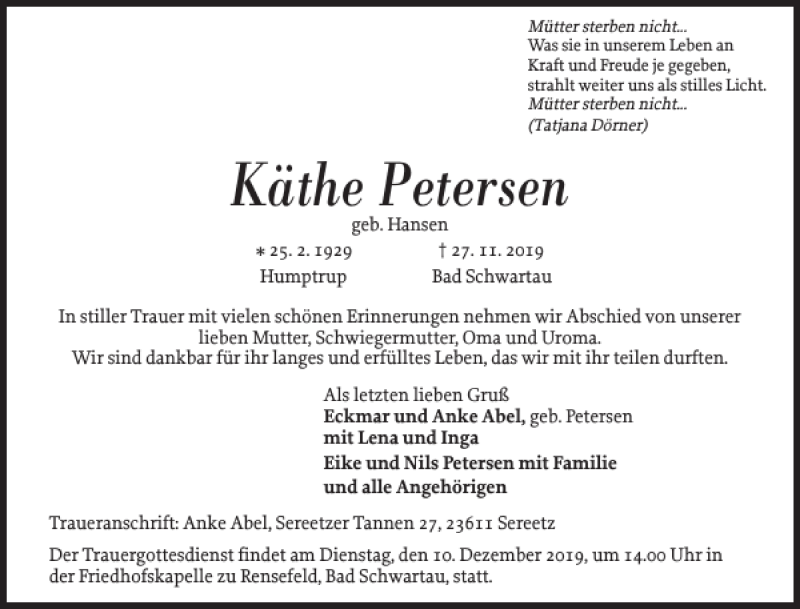  Traueranzeige für Käthe Petersen vom 03.12.2019 aus Nordfriesland Tageblatt