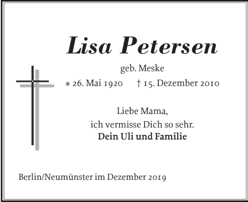  Traueranzeige für Lisa Petersen vom 14.12.2019 aus Holsteinischer Courier