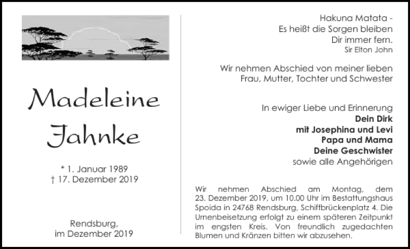  Traueranzeige für Madeleine Jahnke vom 21.12.2019 aus Landeszeitung
