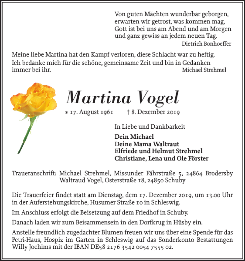  Traueranzeige für Martina Vogel vom 13.12.2019 aus Schleswiger Nachrichten