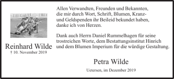 Traueranzeige von Petra Wilde Reinhard Wilde von Uetersener Nachrichten
