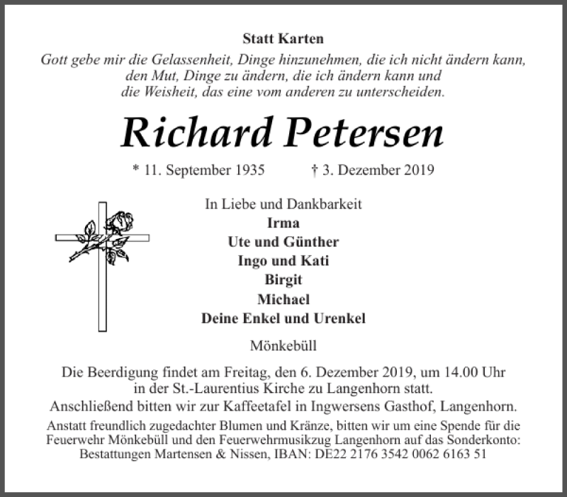  Traueranzeige für Richard Petersen vom 05.12.2019 aus Husumer Nachrichten