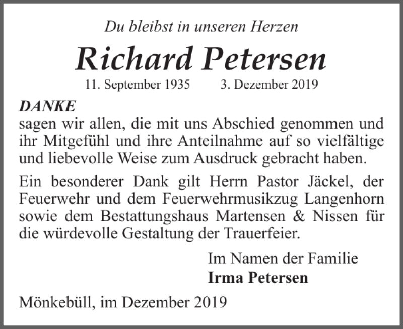  Traueranzeige für Richard Petersen vom 28.12.2019 aus Husumer Nachrichten