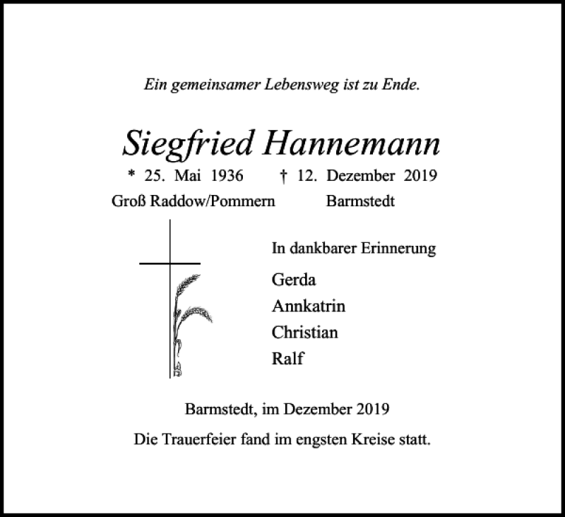  Traueranzeige für Siegfried Hannemann vom 21.12.2019 aus Elmshorner Nachrichten