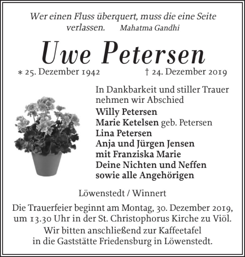  Traueranzeige für Uwe Petersen vom 28.12.2019 aus Husumer Nachrichten