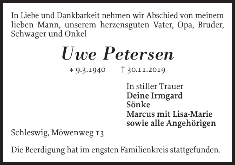  Traueranzeige für Uwe Petersen vom 14.12.2019 aus Schleswiger Nachrichten