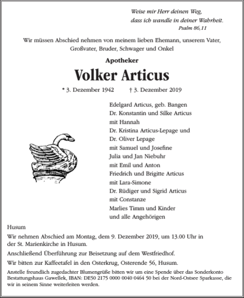  Traueranzeige für Volker Articus vom 06.12.2019 aus Husumer Nachrichten