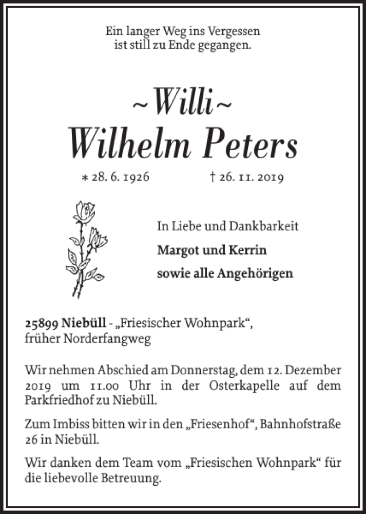  Traueranzeige für Wilhelm Peters vom 07.12.2019 aus Nordfriesland Tageblatt