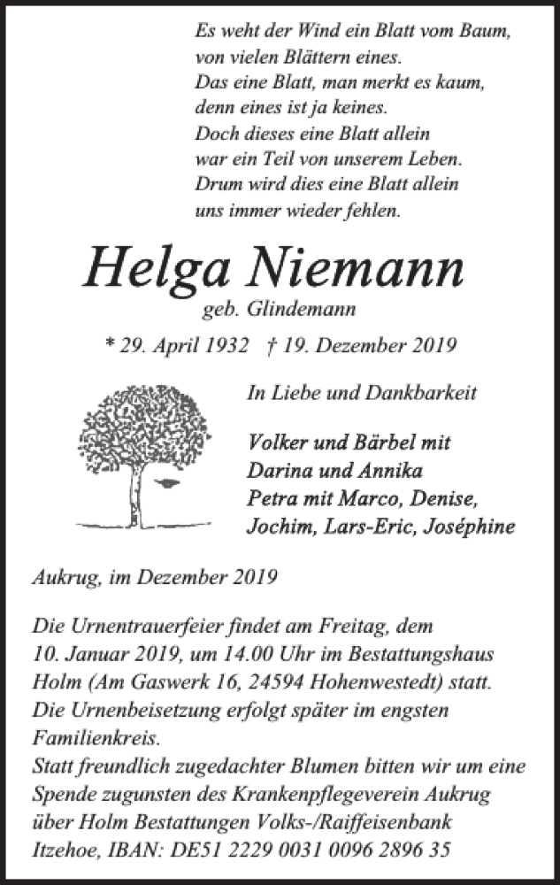  Traueranzeige für geb. Glindemann vom 28.12.2019 aus Landeszeitung