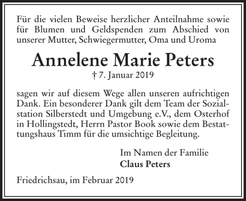  Traueranzeige für Annelene Marie Peters vom 22.02.2019 aus Schleswiger Nachrichten