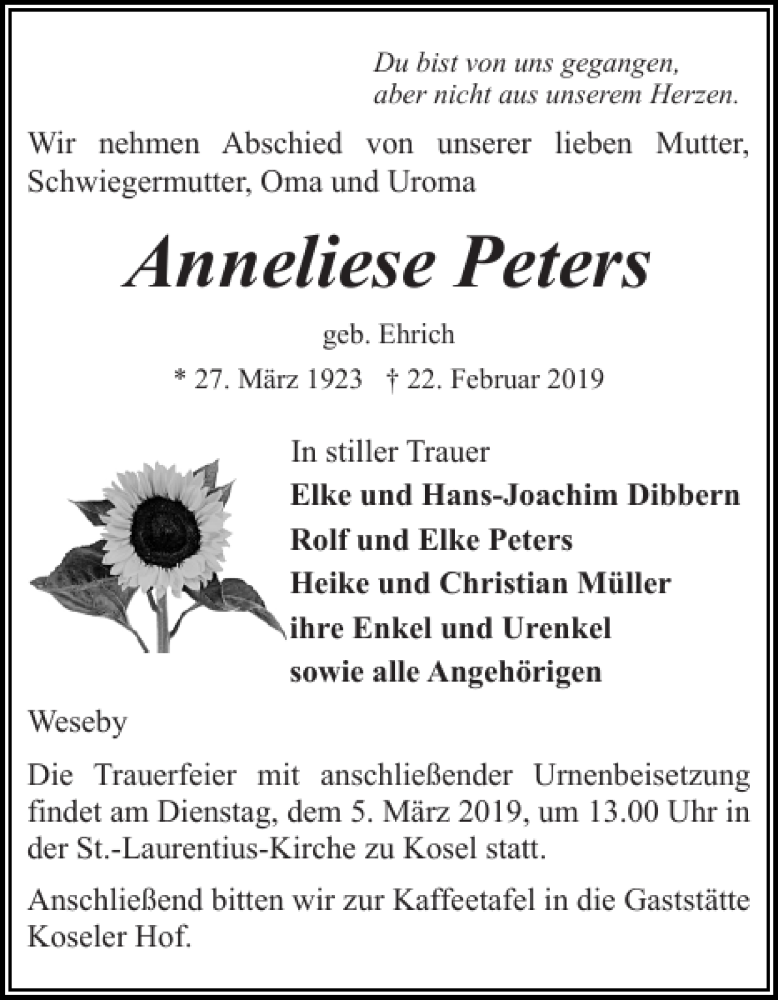  Traueranzeige für Anneliese Peters vom 27.02.2019 aus Eckernförder Zeitung