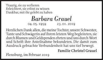 Traueranzeige von Barbara Grauel von Flensburger Tageblatt