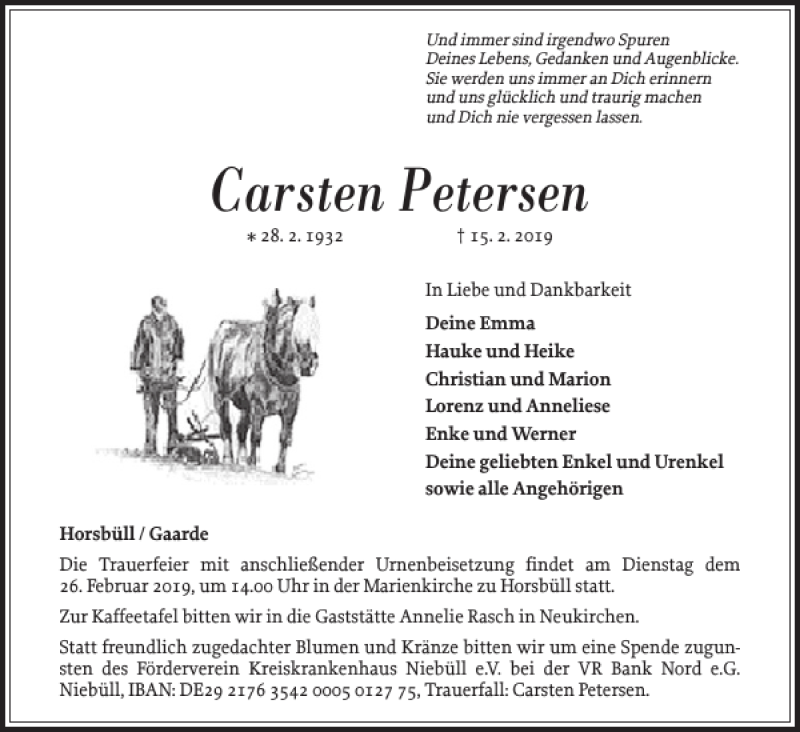  Traueranzeige für Carsten Petersen vom 19.02.2019 aus Nordfriesland Tageblatt