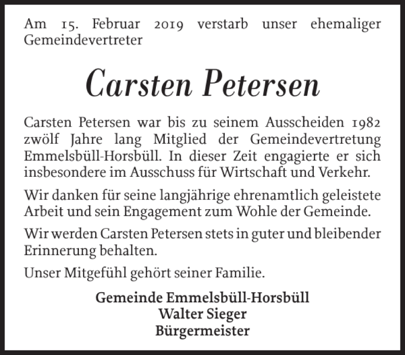  Traueranzeige für Carsten Petersen vom 25.02.2019 aus Nordfriesland Tageblatt