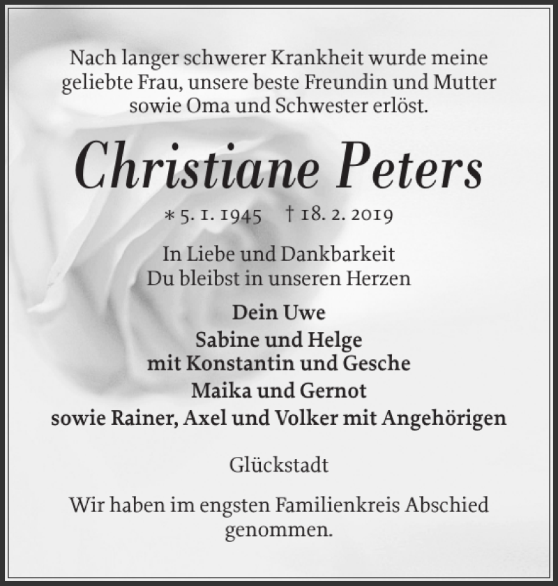  Traueranzeige für Christiane Peters vom 23.02.2019 aus Norddeutsche Rundschau