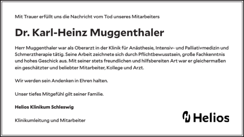  Traueranzeige für Dr. Karl-Heinz Muggenthaler vom 16.02.2019 aus Schleswiger Nachrichten