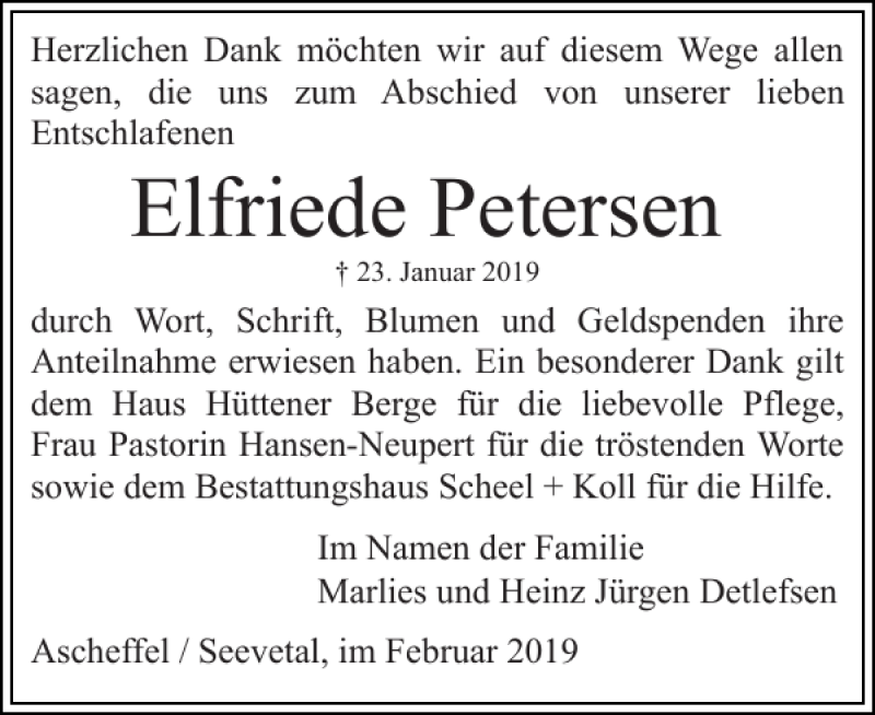  Traueranzeige für Elfriede Petersen vom 16.02.2019 aus Eckernförder Zeitung