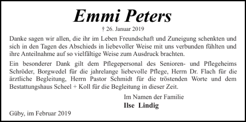  Traueranzeige für Emmi Peters vom 23.02.2019 aus Eckernförder Zeitung