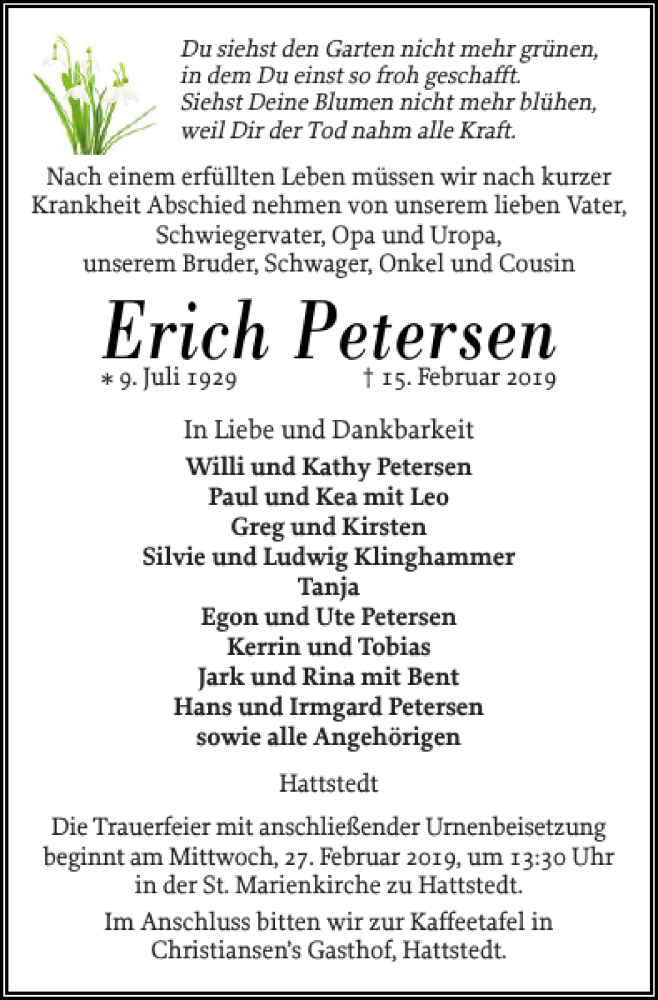  Traueranzeige für Erich Petersen vom 20.02.2019 aus Husumer Nachrichten