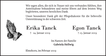 Traueranzeige von Erika Tanck Egon Tanck von Elmshorner Nachrichten