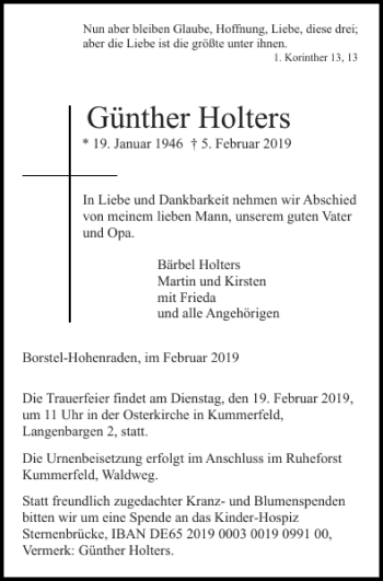 Traueranzeige von Günther Holters von Pinneberger Tageblatt