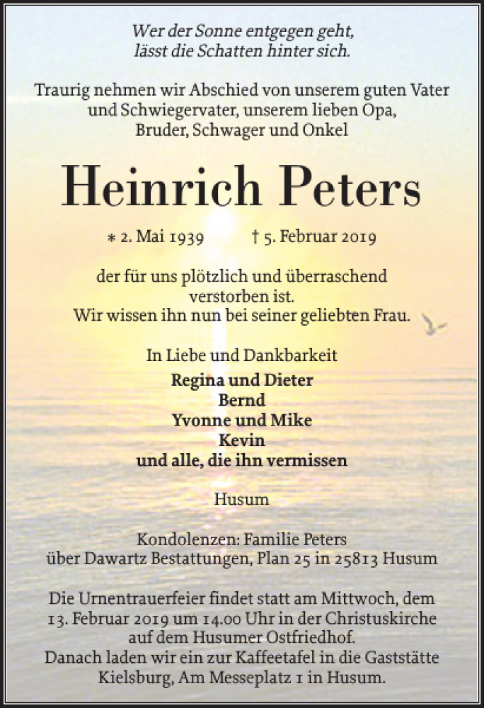  Traueranzeige für Heinrich Peters vom 09.02.2019 aus Husumer Nachrichten