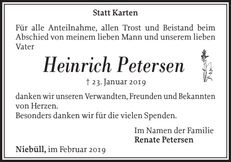 Traueranzeige für Heinrich Petersen vom 16.02.2019 aus Nordfriesland Tageblatt