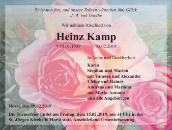 Traueranzeige von Heinz Kamp von Elmshorner Nachrichten